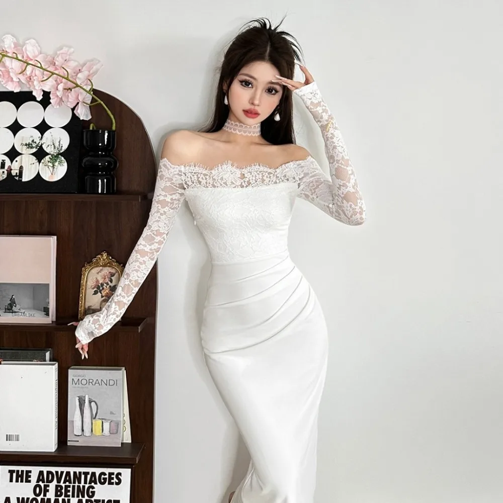 SylCue Abiti lunghi patchwork in pizzo Donna Autunno Nuovo stile Slash Neck Manica intera Serata Prom Party Abiti skinny moda sexy