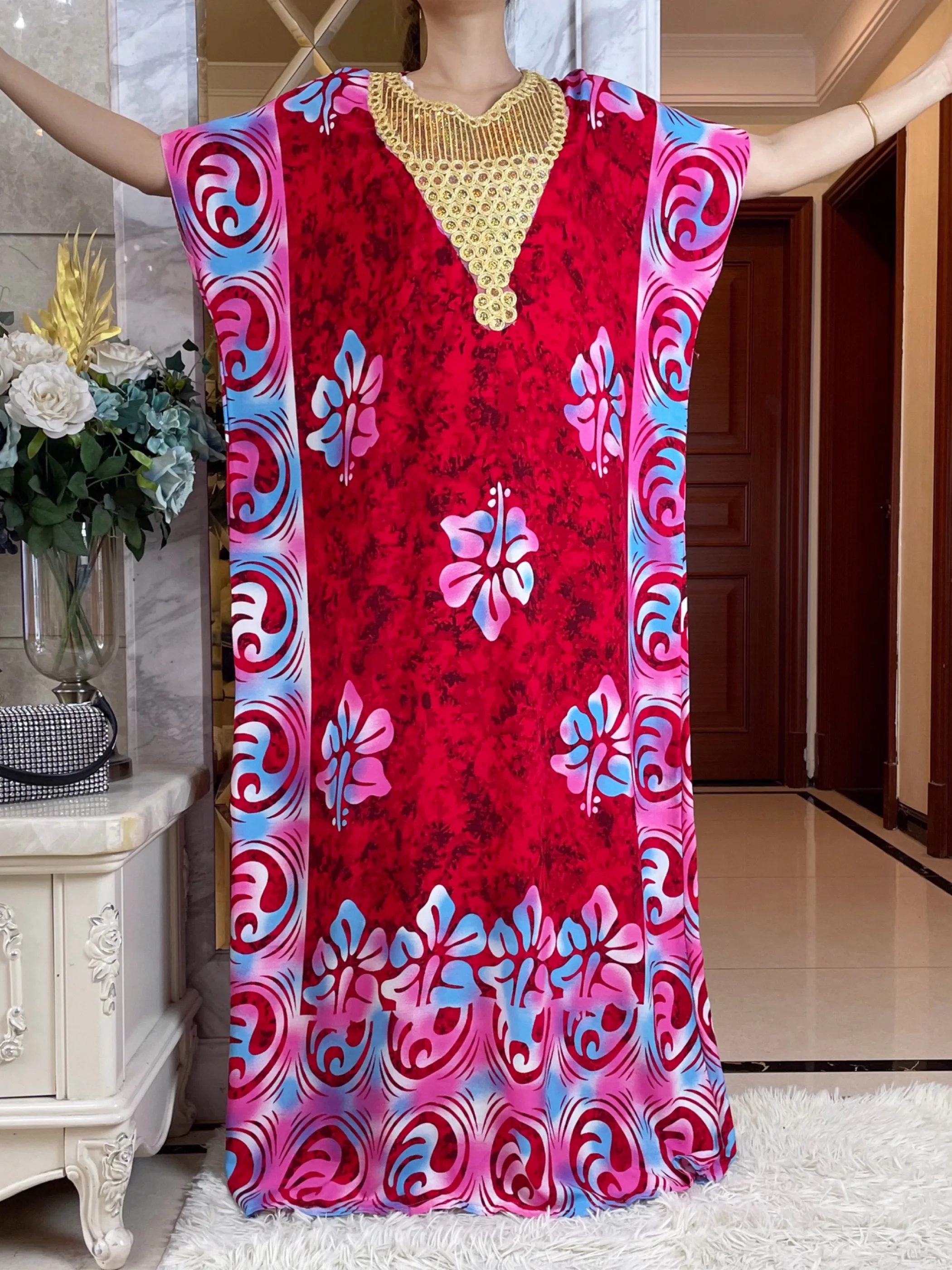 2024 Dubai Muslim Cotton Dress With Big Scarf For Women Loose Maxi  Robe Femme Musulmane African Summer Printing Floral Abaya