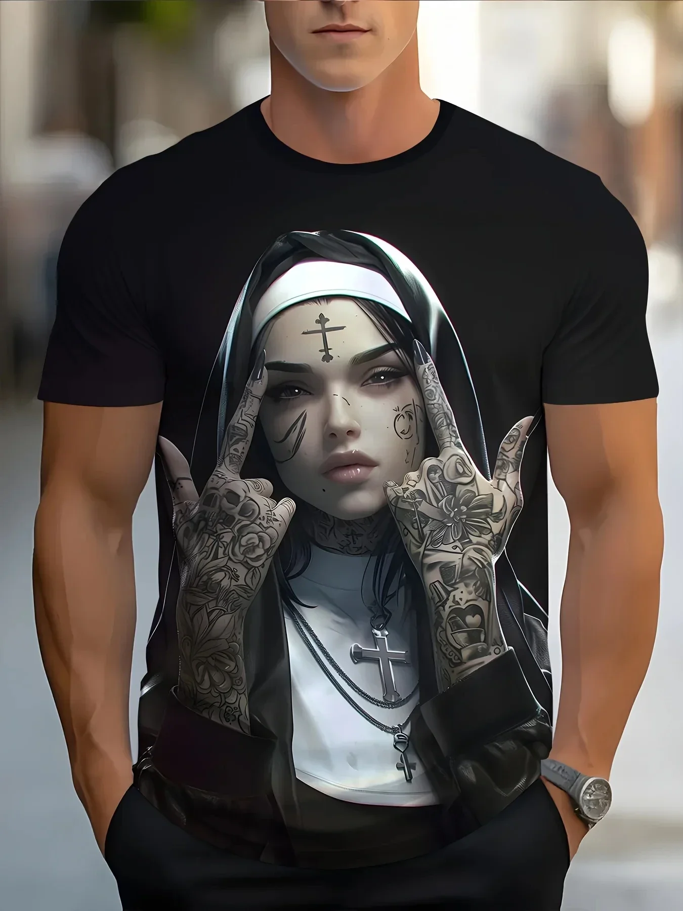 Summer T-shirt Tattoo Nun Men's 3D Pattern T-shirt Casual Round Neck Short Sleeve Gothic Style Comfortable Lightweight Top