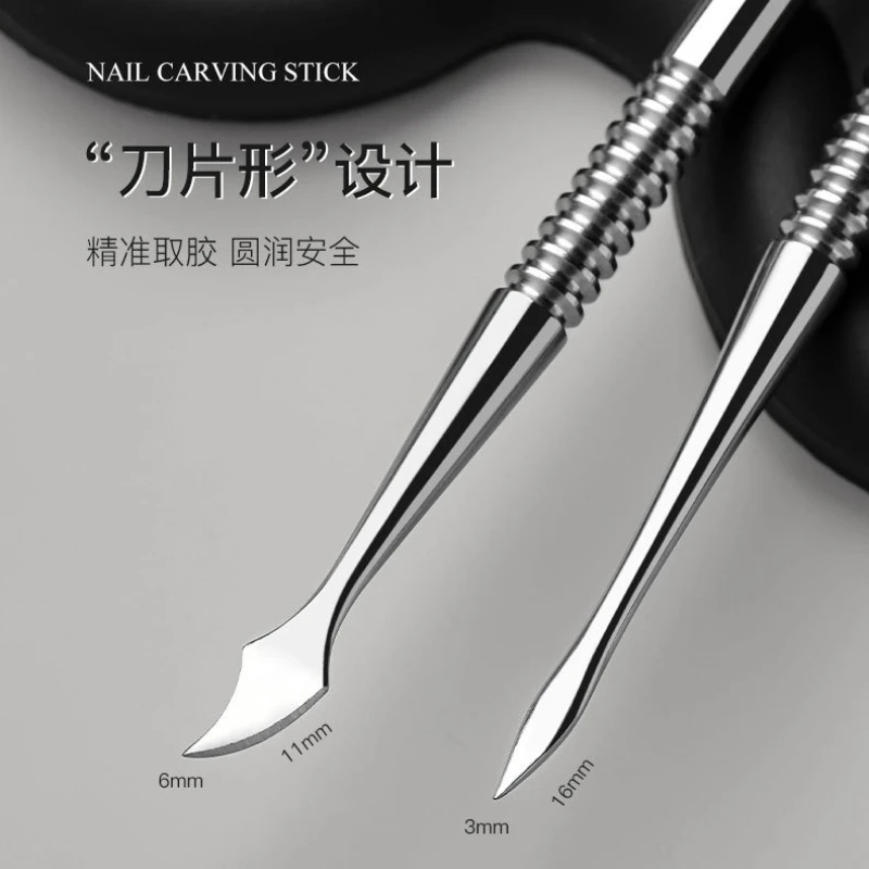 Palo de tallado tipo gancho de doble cabeza, empujadores de cutículas, removedor de esmalte de uñas, raspador pelador, herramientas de manicura limpias de acero inoxidable