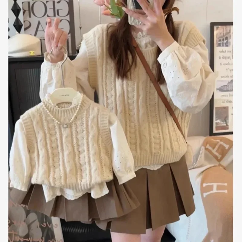 HoneyCherry Mother and Daughter Outfits Knit Vest Sweater+ Blouse+skirts Sets Women Clothing Mother Daughter Matching Clothes