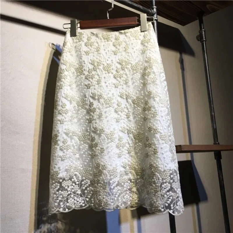 Spring Summer Sexy Package Hip Embroidery Mesh Skirt Ladies Temperament High Waist Stretch Pencil Skirt Office