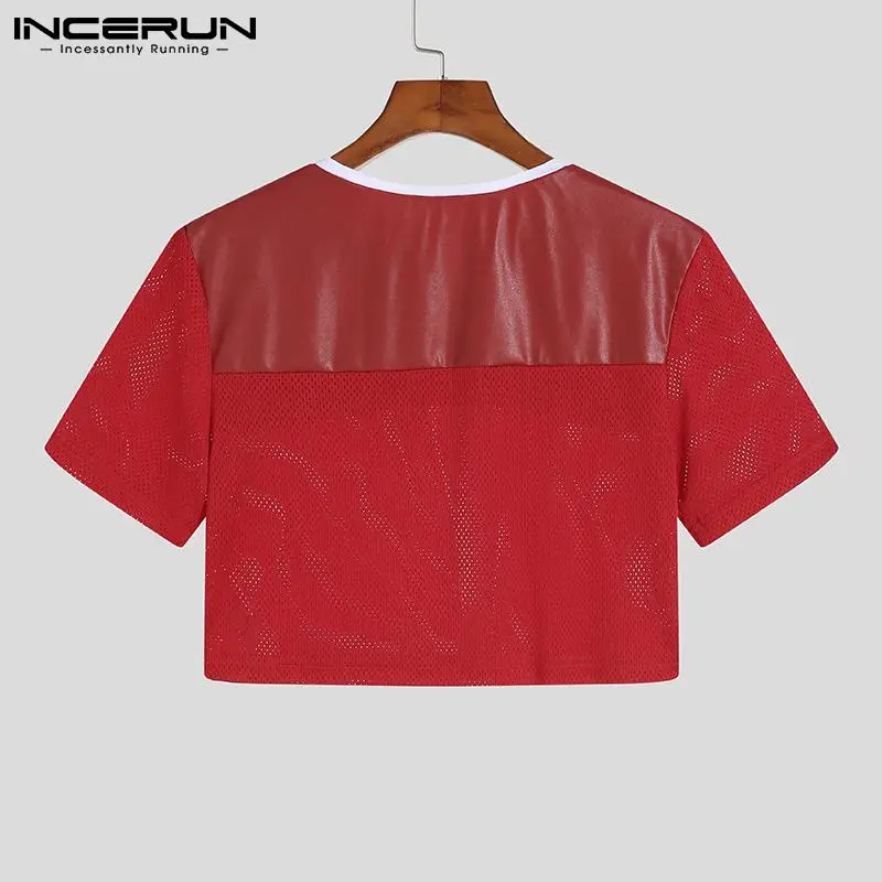 INCERUN 2024 Men Crop Tops Patchwork O-neck Short Sleeve T Shirts Streetwear See Through Sexy Party Fashion Men Clothing S-5XL