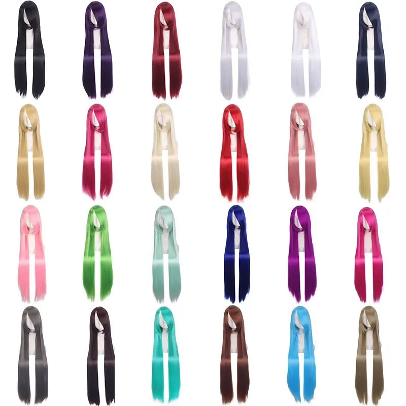 

100cm/39.3" 24 Different colors Full Bangs Straight Long Heat Resistance Synthetic Hair Cosplay Costume Wigs + Free Wig Cap