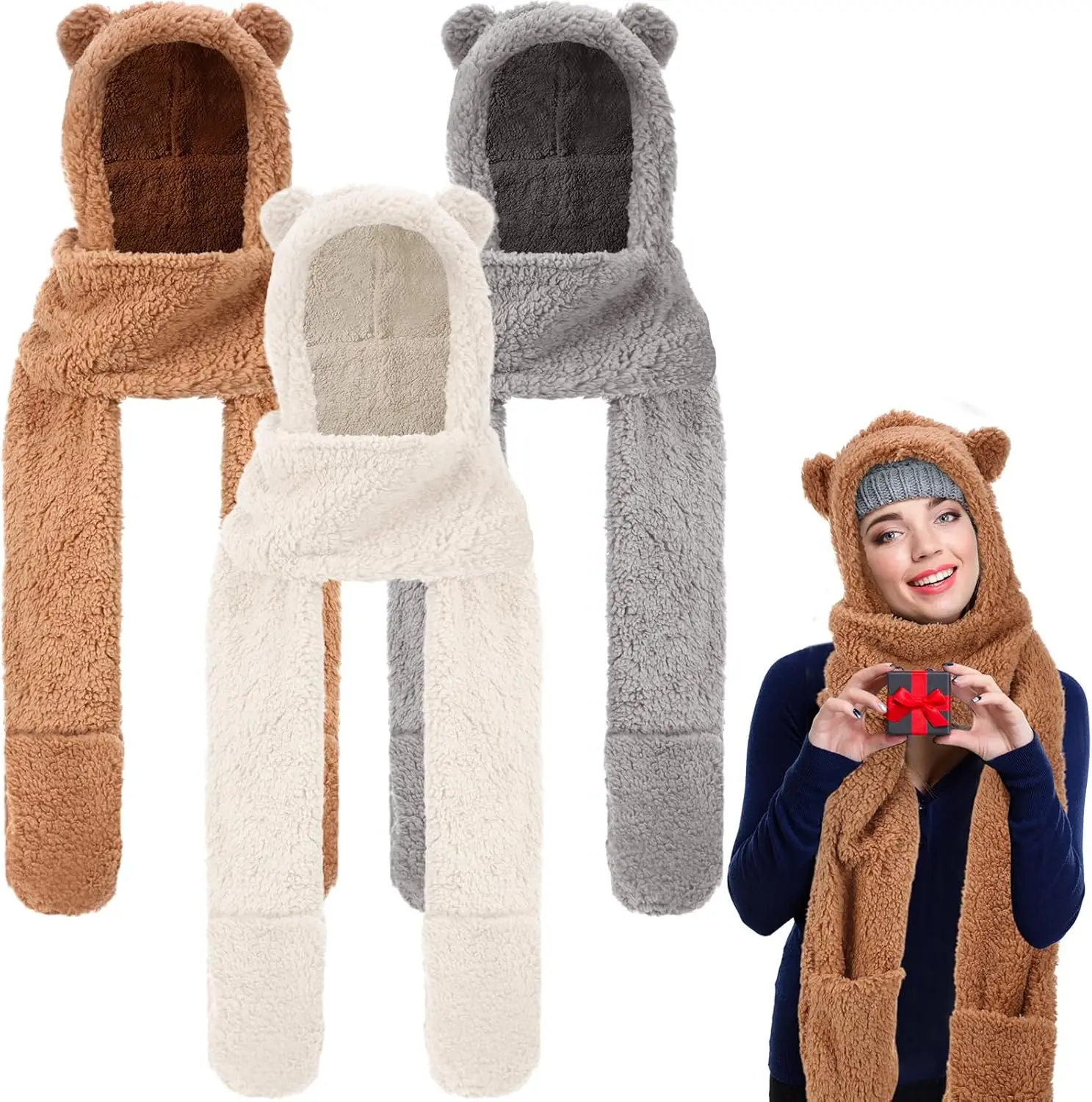 عيد الميلاد الشتاء الصوف النساء الدب الأذن شيربا مقنعين وشاح قبعة قفازات مقنعين وشاح سدادات حماية الأذن يندبروف قبعة