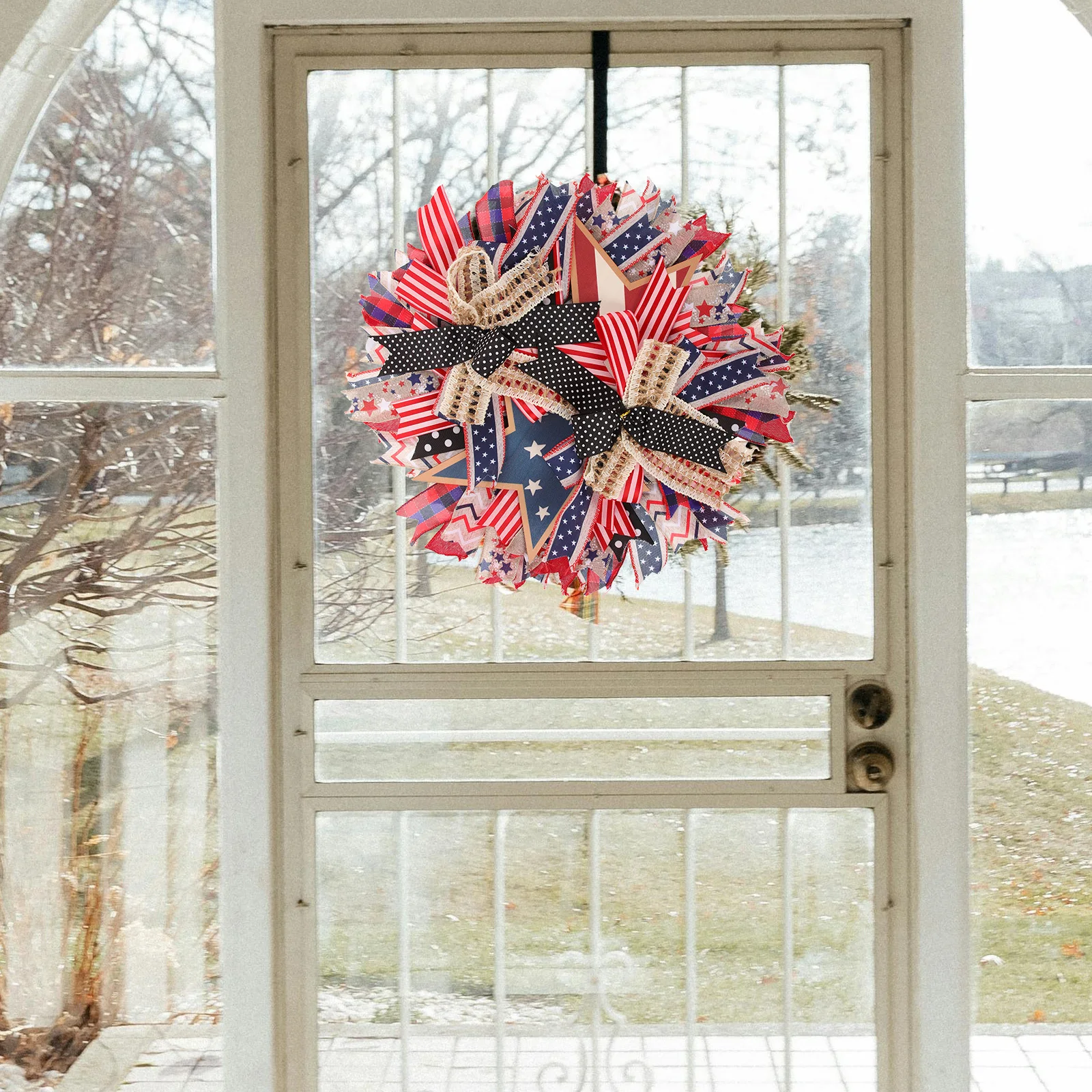 

American Patriotic Wreath Star Design Hanging Decor Front Door Outdoor Indoor Decoration Fourth of July Welcome Wreath