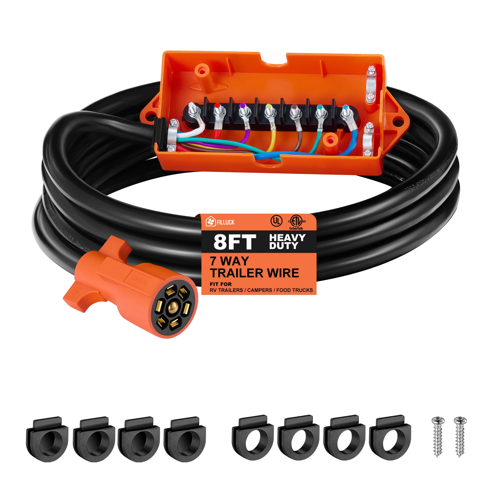 

8ft Replacement 7-Pin RV Blade Trailer Wiring Harness Plug Heavy Duty Pre-Wired 7-Way RV Trailer End Connector SAE