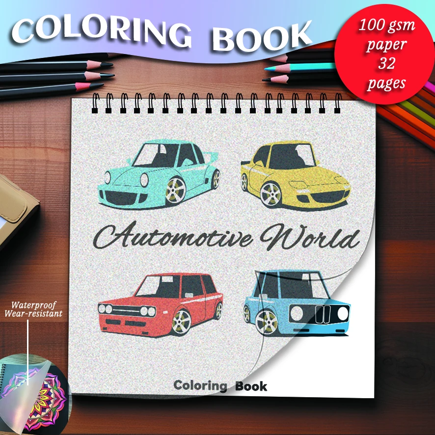 

Automotive World Coloring Book - 8.27 x 8.27 inches 32 pages coloring book - ideal gift for family or friends