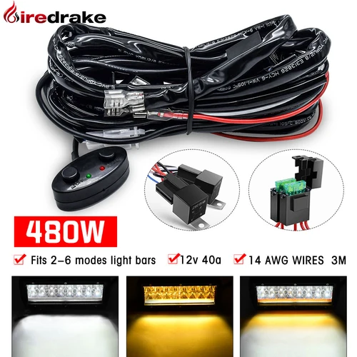 Imagen 1 del producto Firedrake para 2 lámparas Kit de arnés de cableado de coche interruptor interior luz de trabajo unidad luz de movimiento Cable de relé 480W 12V 3m Kit de cables