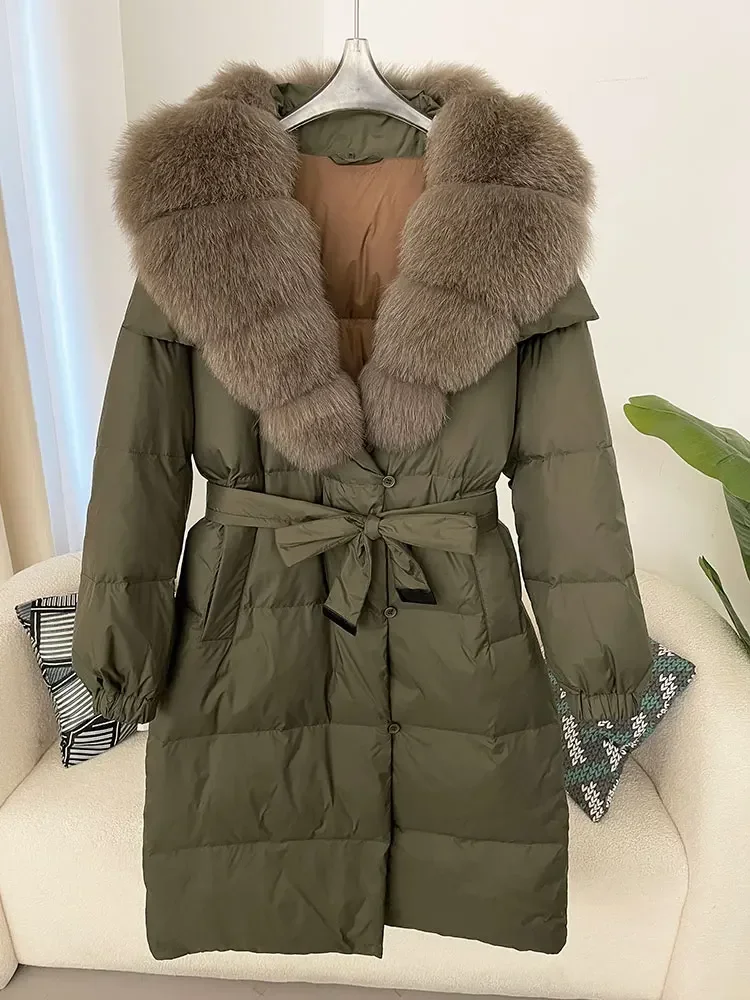 MENINA 2024 Winter Jacket Women Natural Real Fox Raccoon Fur Collar 90% White Duck Down Coat Thick Warm Belt Casual Outerwear