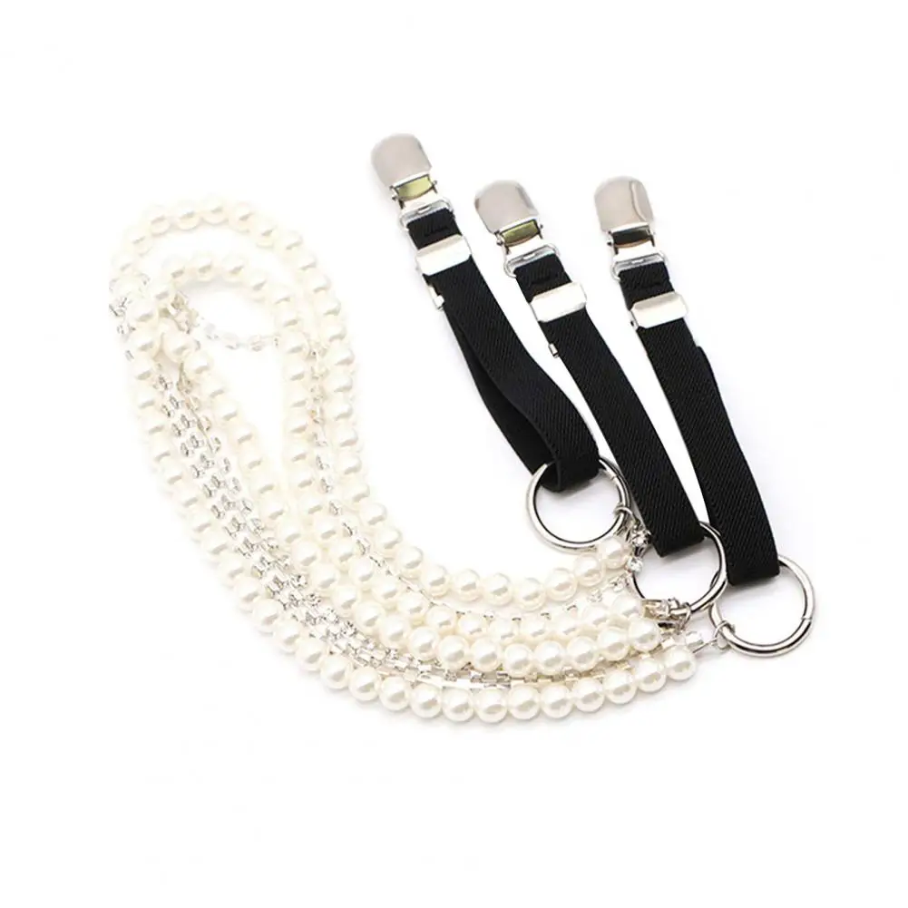 서스펜더 스트랩 클립 여성을위한 우아한 가짜 진주 서스펜더 벨트 조정 가능한 오리 입 클립 체인 쥬얼리와 아웃웨어 스트랩