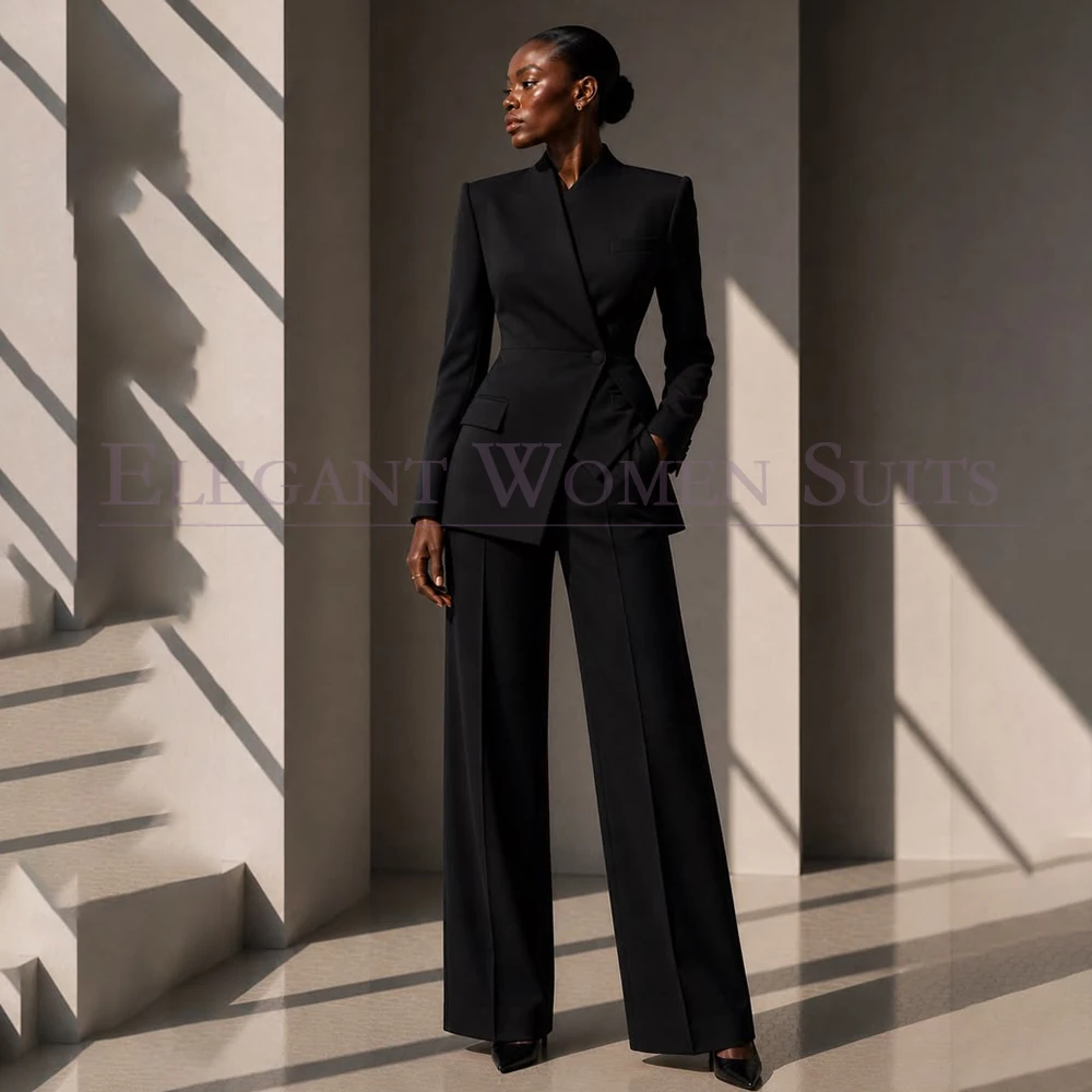 Elegant Wide Leg Trousers Matching Set Black Women Asymmetric Blazer Stand Collar Slim Formal Outfit For Business Lady Suits