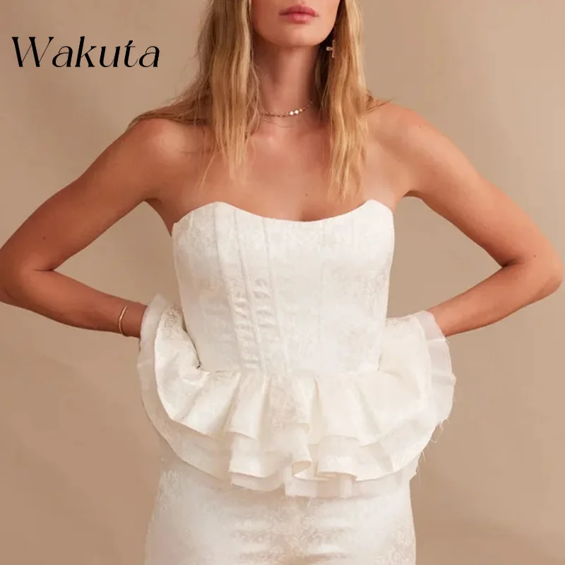 WAKUTA Summer French Palace Style Tight Fishbone Waist Tee Jacquard Design Layered Ruffle Edged Strapless Tanks العاب جنسية