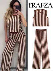 TRAFZA Women's 2-piece Retro O-neck Sleeveless Knitted Striped Short Vest Top + High-waisted Women's Slim-fit Stretch Pants Suit