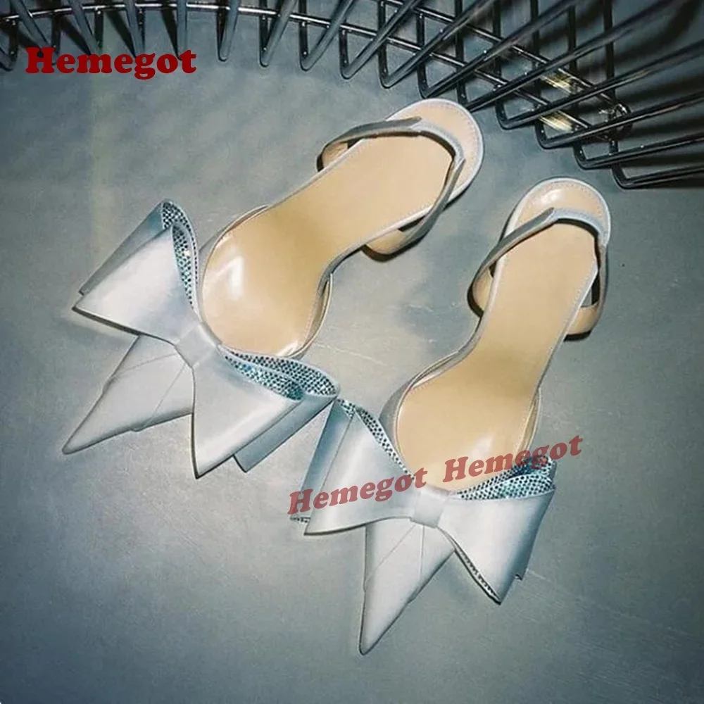 

Light Blue Satin Slingback Pumps Pointed Toe Rhinestone Bow Heels Stiletto Women's Pumps Bling Luxury Party Shoes Sexy Elegant