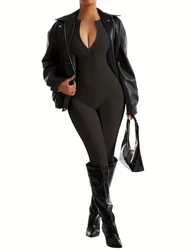 Solid Color Zipper Slim Fit Yoga Bodysuit, High Stretch Running SportsLong Sleeves Jumpsuit, Women's Activewear