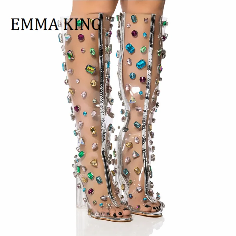 Abbellimenti di strass da donna stivali in PVC tacchi trasparenti femminili stivali alti al ginocchio con punta aperta scarpe di cristallo