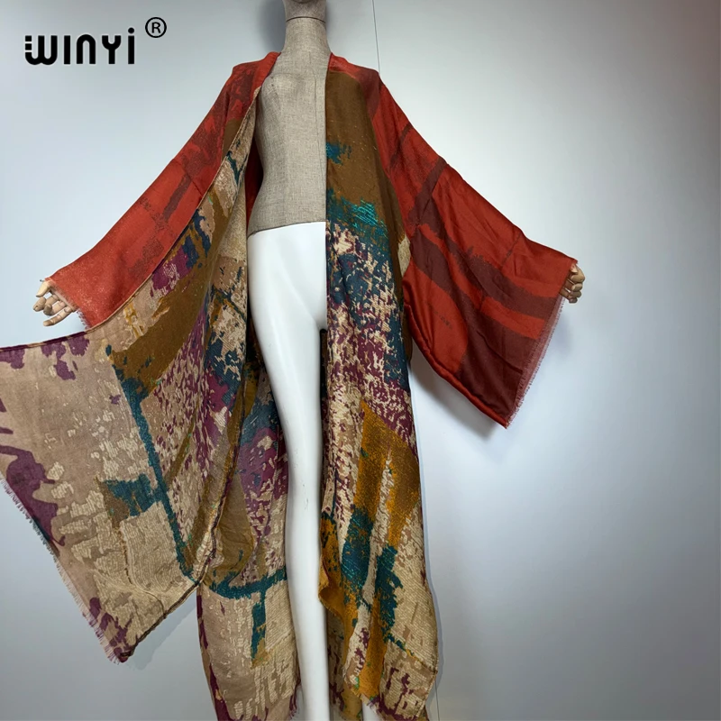 WINYI kimono Cardigan con stampa a olio Bikini Cover-up abiti da spiaggia per donna abito in cotone con sensazione caftano musulmano abaya dubai lusso