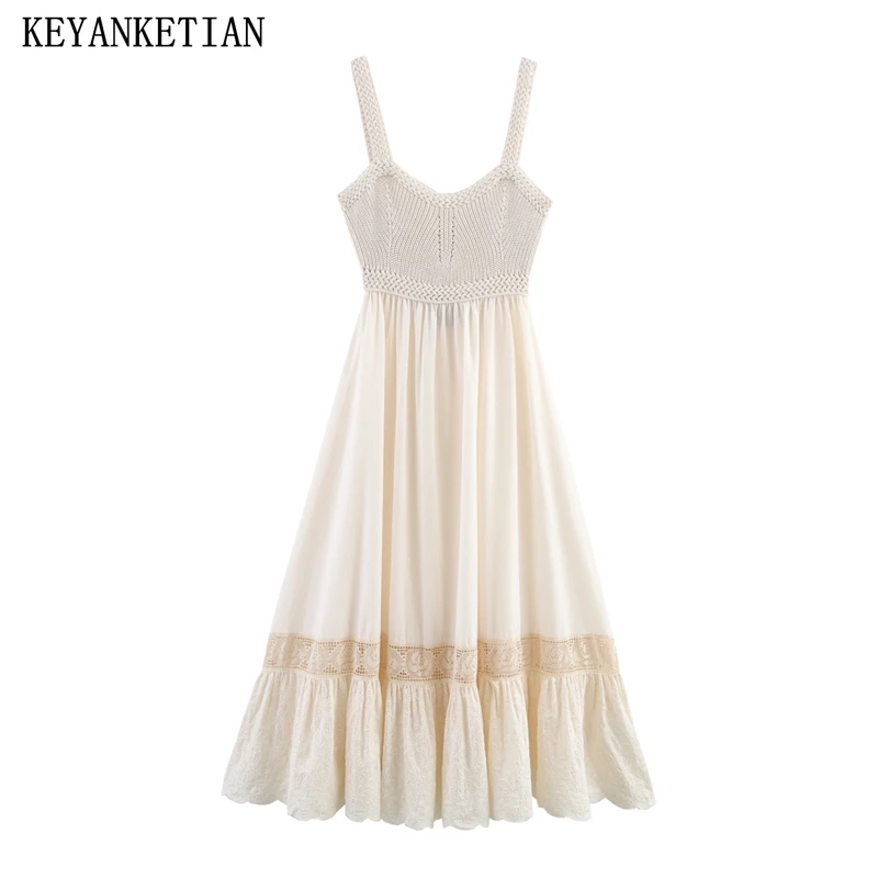 

KEYANKETIAN 2025 новое праздничное вязаное лоскутное платье с открытой спиной и вышивкой на шее, женские платья-миди трапециевидной формы без рукавов