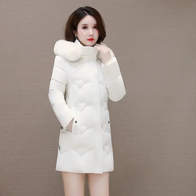 2025 เสื้อแจ็คเก็ตสตรีฤดูหนาวใหม่ Parkas Faux Fur Collar Hooded Jacket หญิงลงเสื้อแจ็คเก็ตผ้าฝ้าย Parka Outwear สุภาพสตรี Overcoat
