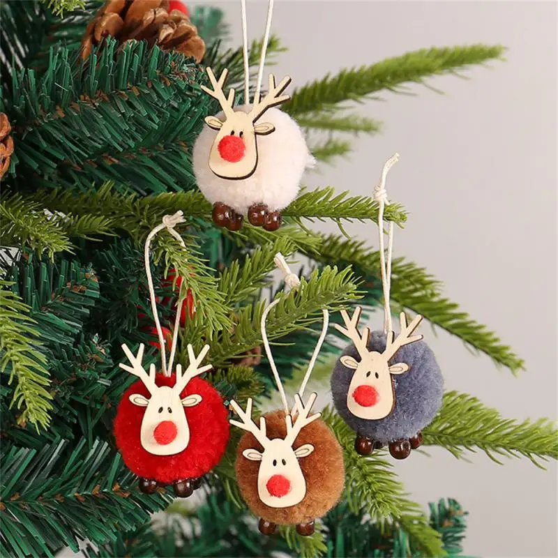 4 Colors Christmas Reindeer Lovely Design Christmas Decoration Christmas Tree Ornaments Fawn Fur Ball Pendant Opp Bag Wood