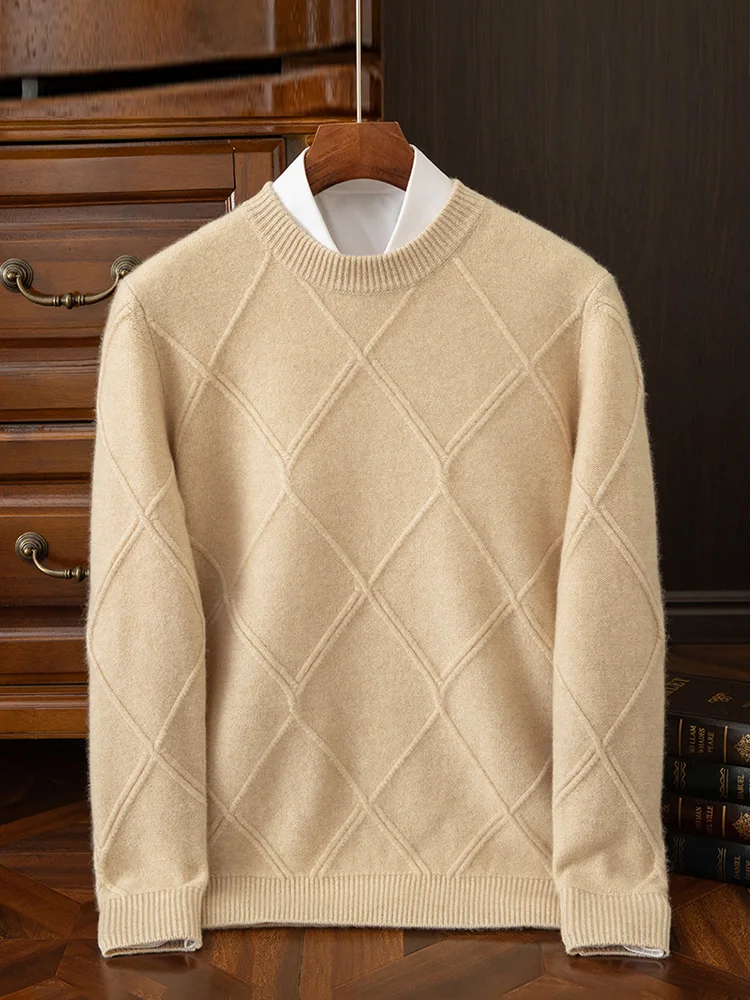 100% ピュアカシミヤセーターメンズラウンドネック厚いセーター冬の新しいニットボトリングシャツ