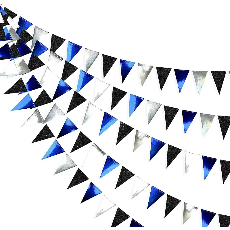 Royal Blue Black Silver Boy Birthday Party Decorations Triangle Flag Pennant Banners for Nautical Ahoy Anchor Pirate Party Decor