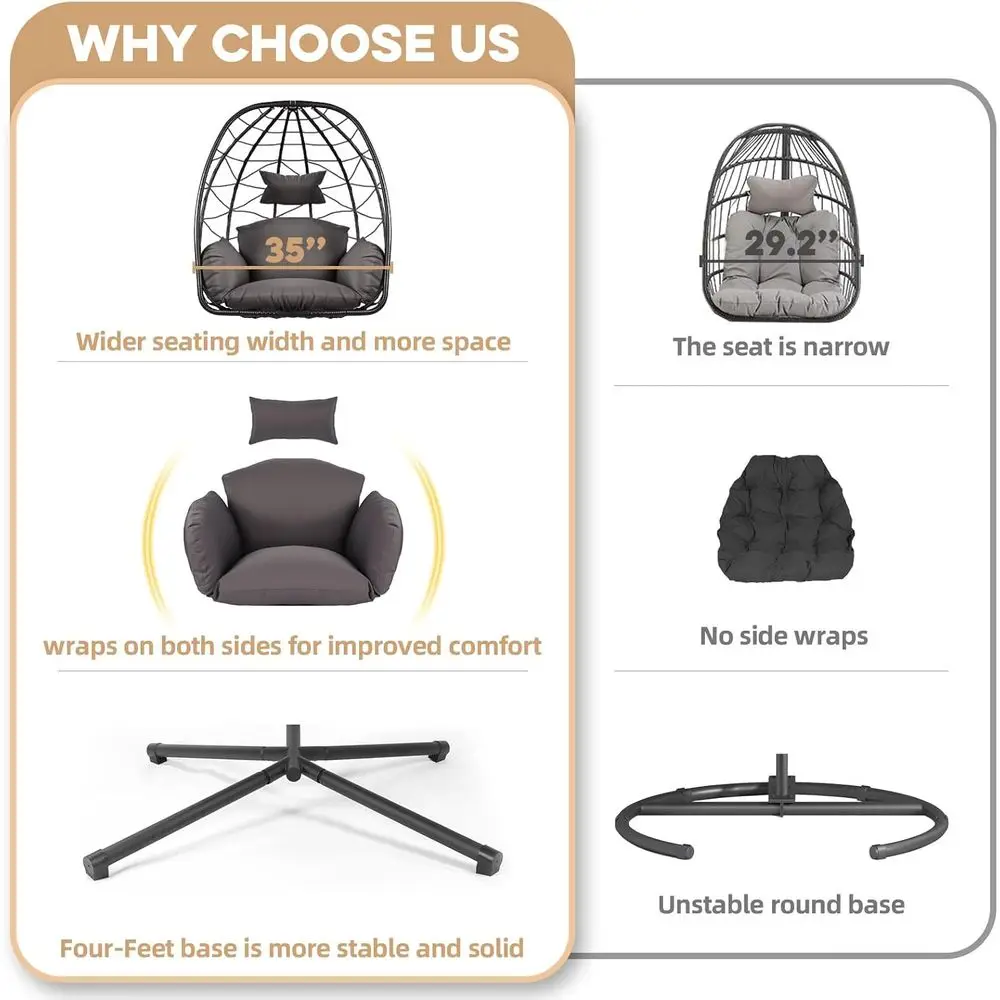 Egg Chair with Stand Outdoor Ratten Wicker Hanging Egg Chair Outdoor Indoor with Thickened Cushion Swing Chair Hammock