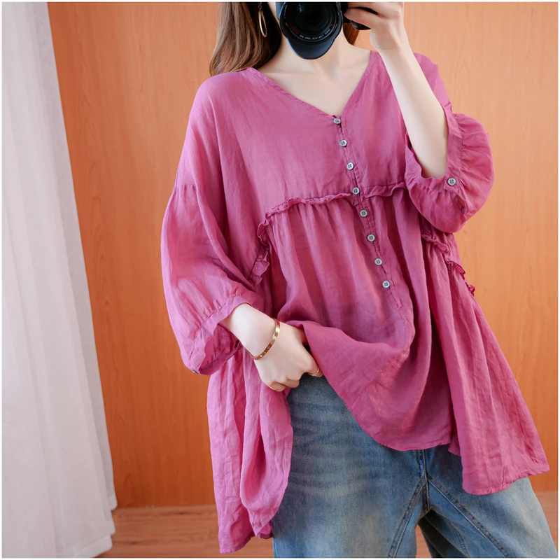 

plus Size Women's Casual Cotton Linen irt Loose Fit V-Ne ort Sve Color Belly Covering Slimming Top