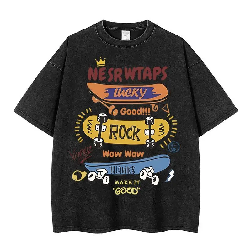 

Мужская черная хлопковая футболка Nesrwtpaps Lucky Rock Thanks Graphic для лета 2026 года, в стиле скейт-стритвир