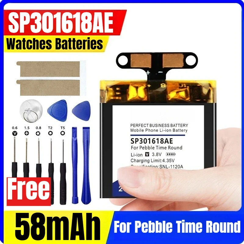 

3.8V 58mAh SP301618AE Watches Batteries for Pebble Time Round+Tools