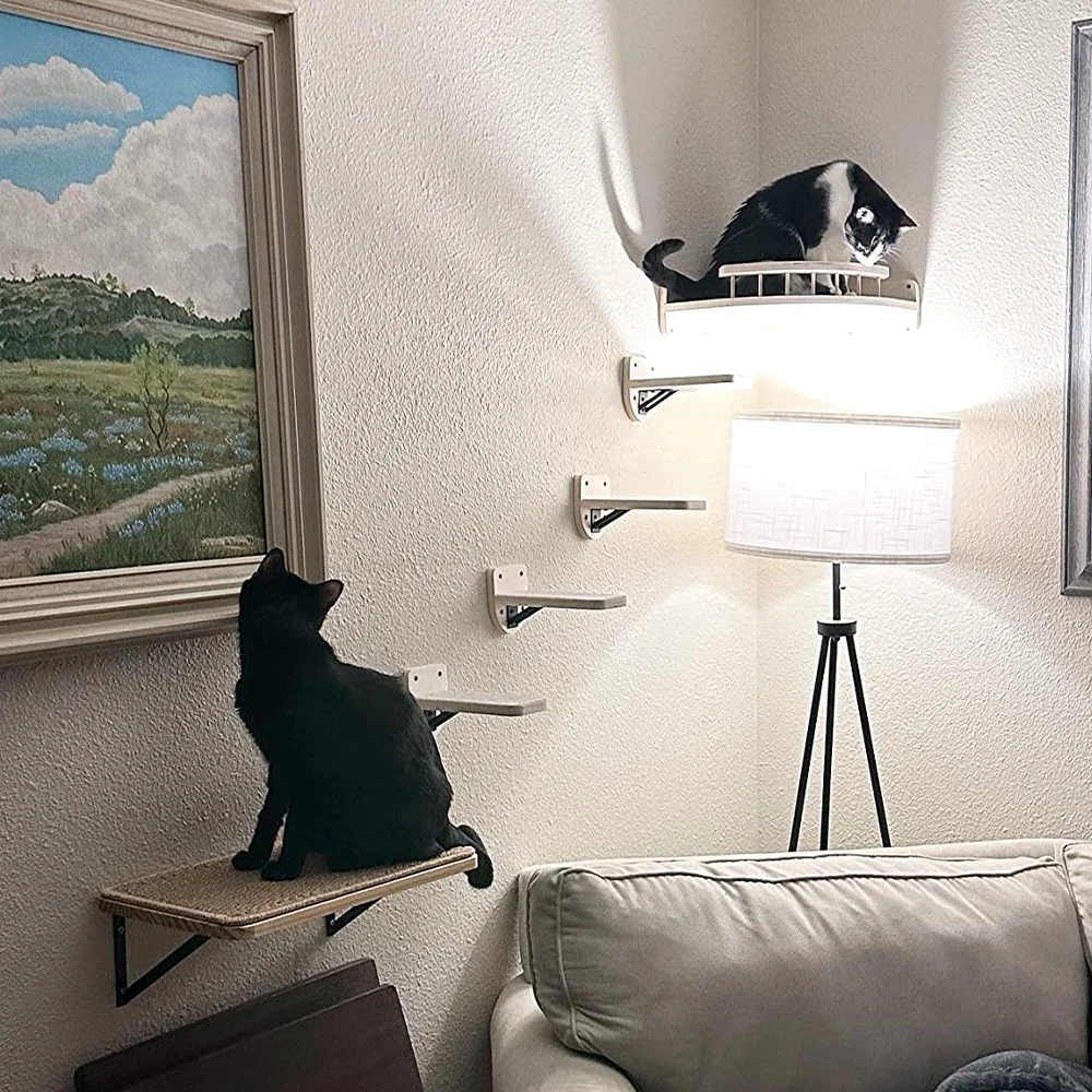 4 Pieces Wall Mounted Cat Climbing Shelves Set Wooden Platform Corner of Wall with Cat Small Jumping Platform Kitty Playing