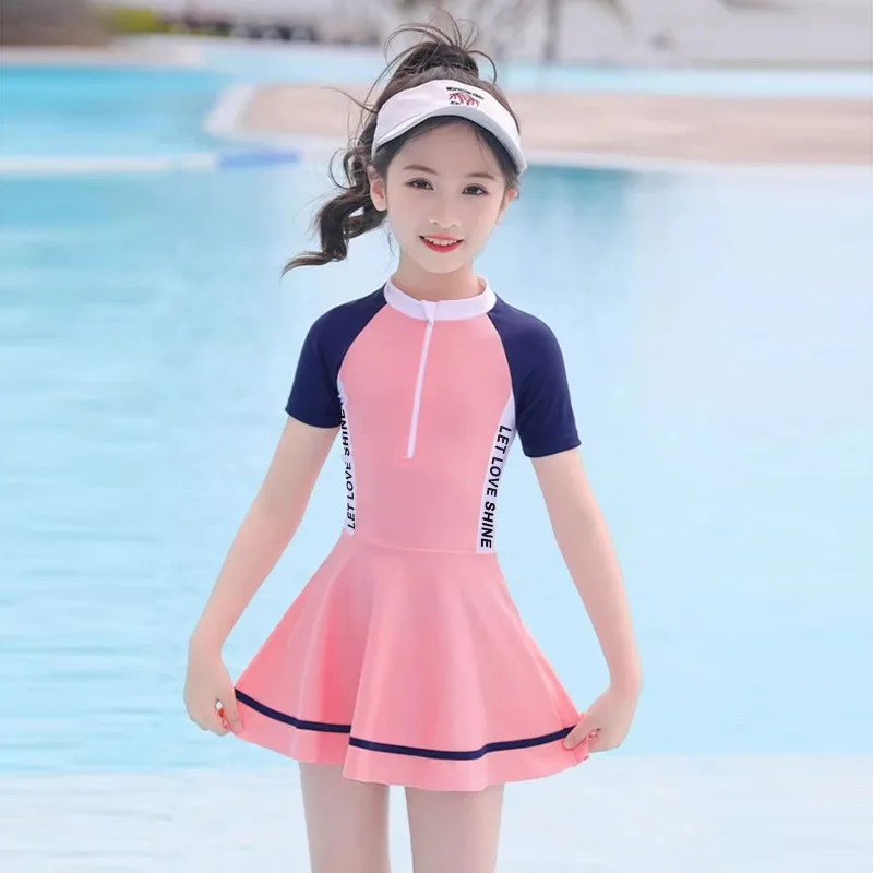 

7-16Y Children's Swimsuit Girls Jumpsuit Skirt Short Sleeved Children's Beach Wear Quick-drying Swimwear