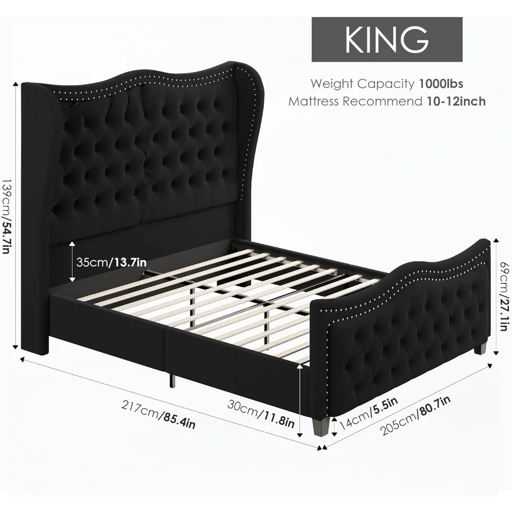 Queen Bed Frame, Fluwelen Handgemaakte Plooien Met Diepe Knop Getuft Wingback Platform Bed, Geen Boxspring Vereist, Zwart, Bedframes