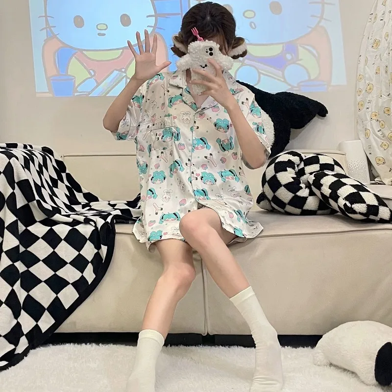 Hatsune Miku Character Pajamas for Women Summer New Short-sleeved Anime Cartoon Cute Student Outer Wear Fashion Home Clothes