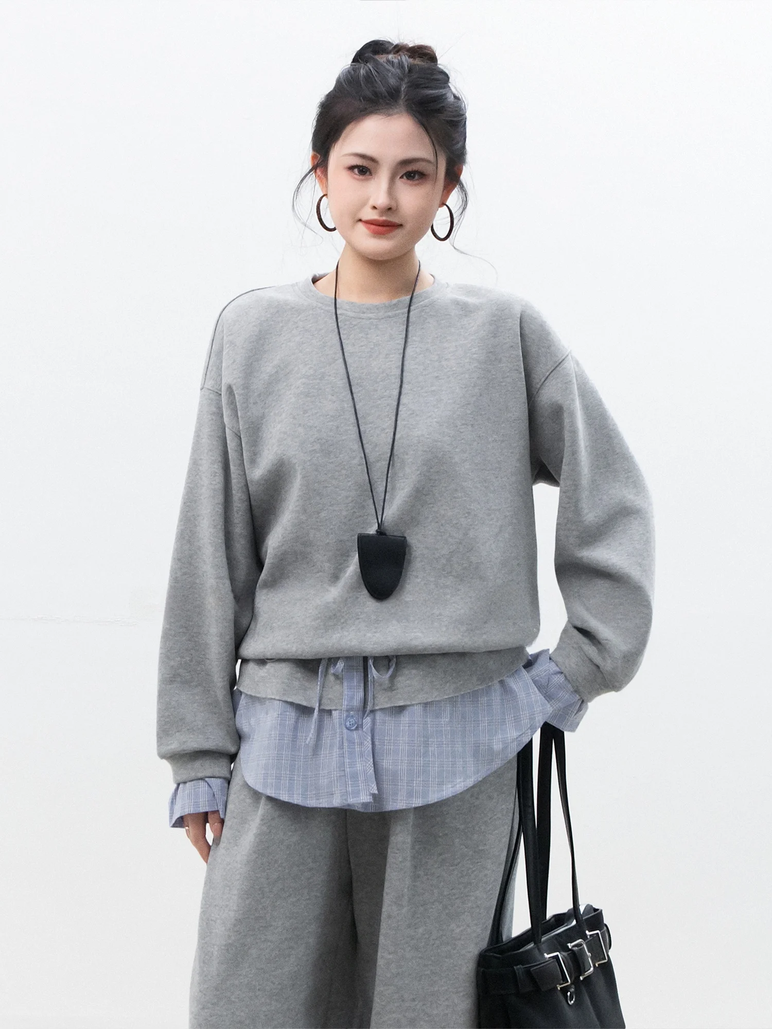 

Chelzy Korean Plaid Patchwork Fake Two-Piece Sweatirt Set Women's Casual Slimming Sweatpants Two-Piece Set Spring Autumn