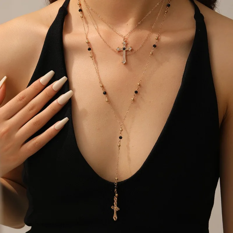 

Long Chain Pendant Cross Necklace Layered Jewelry Collarbone Chain for Women New Retro Sweater Chain Accessories