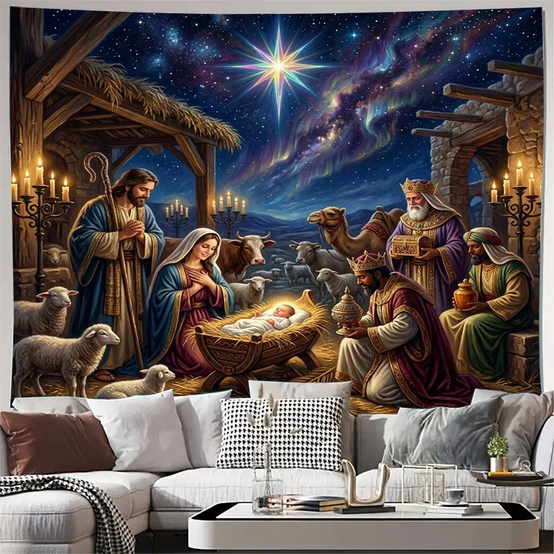Majestic Nativity Scene Curtains Spiritual Religious Window Decor Bethlehem Stars Starry Night Curtain Panel for Christmas Holid