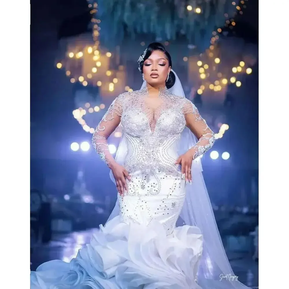 

Свадебное платье с высоким воротником и прозрачными бусинами и кристаллами по индивидуальному заказу, Vestidos De Novia, свадебные платья с каскадными оборками и длинными рукавами