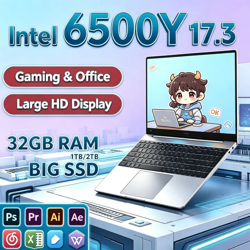 17.3" Slick Laptops Intel 6500Y Windows 11 32GB 2TB HD Display Fingerprint Unlock Gamer Study Office Notebook Computer PC