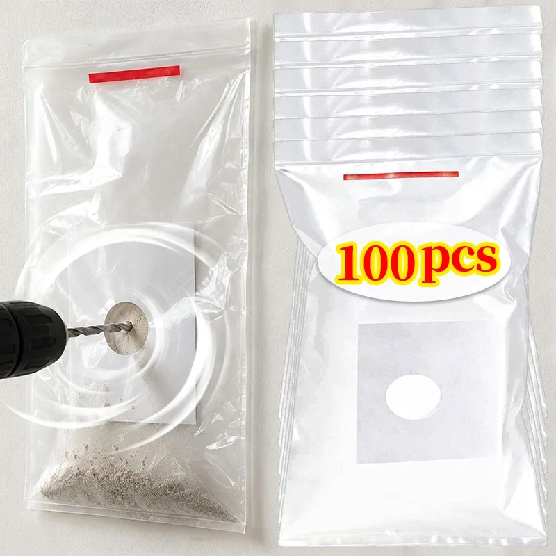 10/100Pcs Drill Dust Collector Bag for Wall Hole Punching Self Stick Plastic Cover Pre Cut Hole for Drill Bit Tearproof Reusable