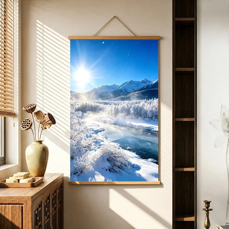 Wall Decor Snow Mountain Peaks in Brilliant Winter Light, Nordic Landscape Pearlescent Canvas Hanging Scroll for Boutique Hotel