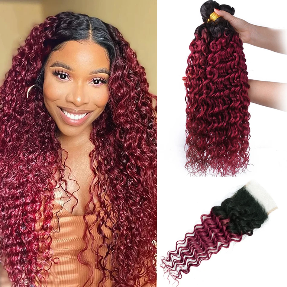 DreamDiana 10A Ombre Water Wave Human Hair Bundles With Closure 3 Bundles Peruvian Wavy Water Weave Bundles With Lace Closure