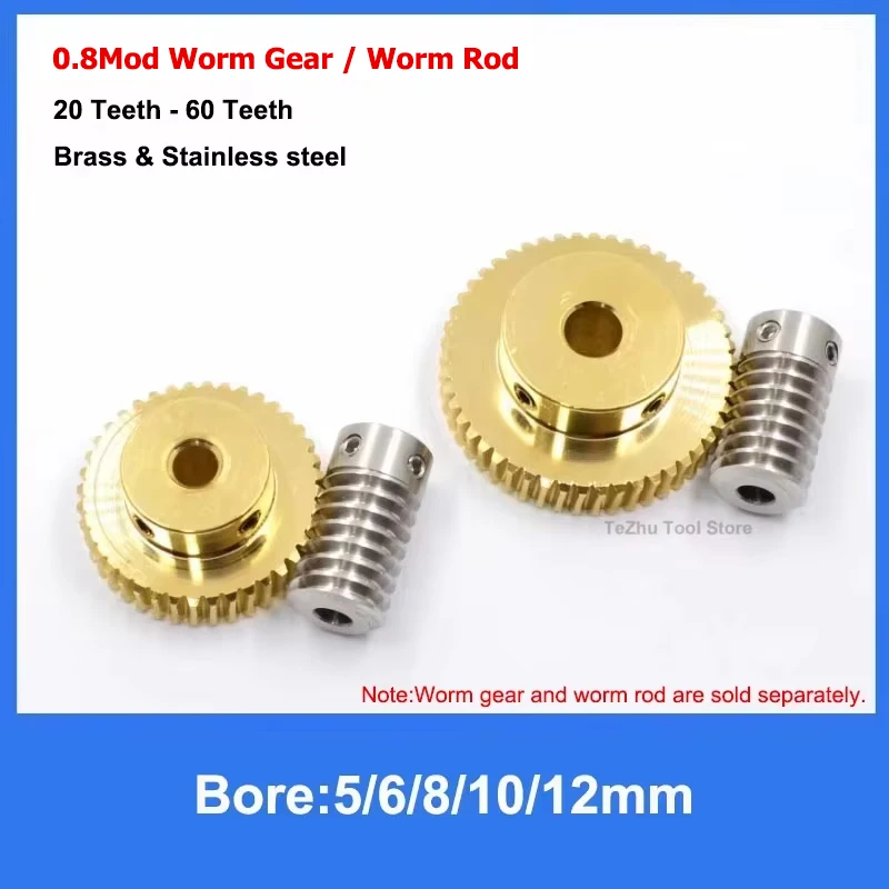 

1Pcs 0.8 Mod Electric Motors Brass Worm Gear 20 Teeth-60 Teeth 303 Stainless Steel Worm Rod 1:20 1:25 1:30 1:35 1:40 1:50 1:60