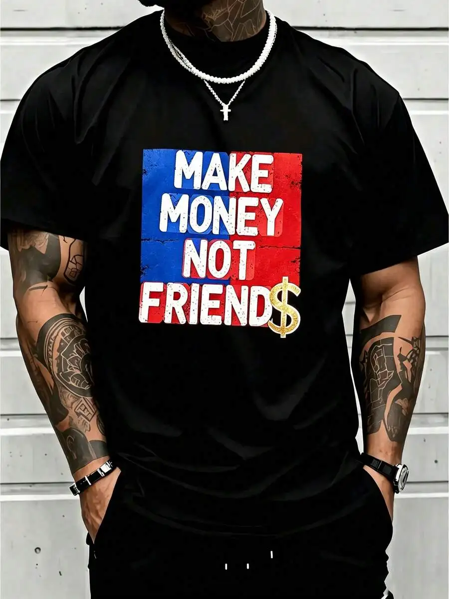 1Pc Men's Clothes Money Dollar Print Black T-Shirt, Unisex Casual Crew Neck Plus Size 5Xl, Lightweight 220Gsm Knit Fabric Top