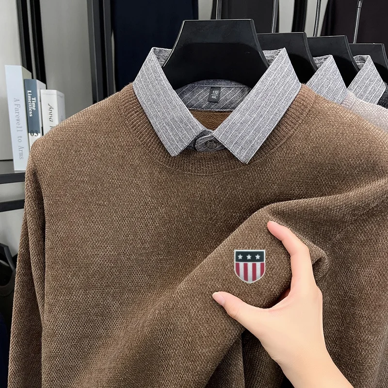 

Luxury Brand Men Lapel Long Sleeve Fake Two Piece Knitted Shirt Winter Hot Sales Flag Print Velvet Warm Classic Casual Men'swear