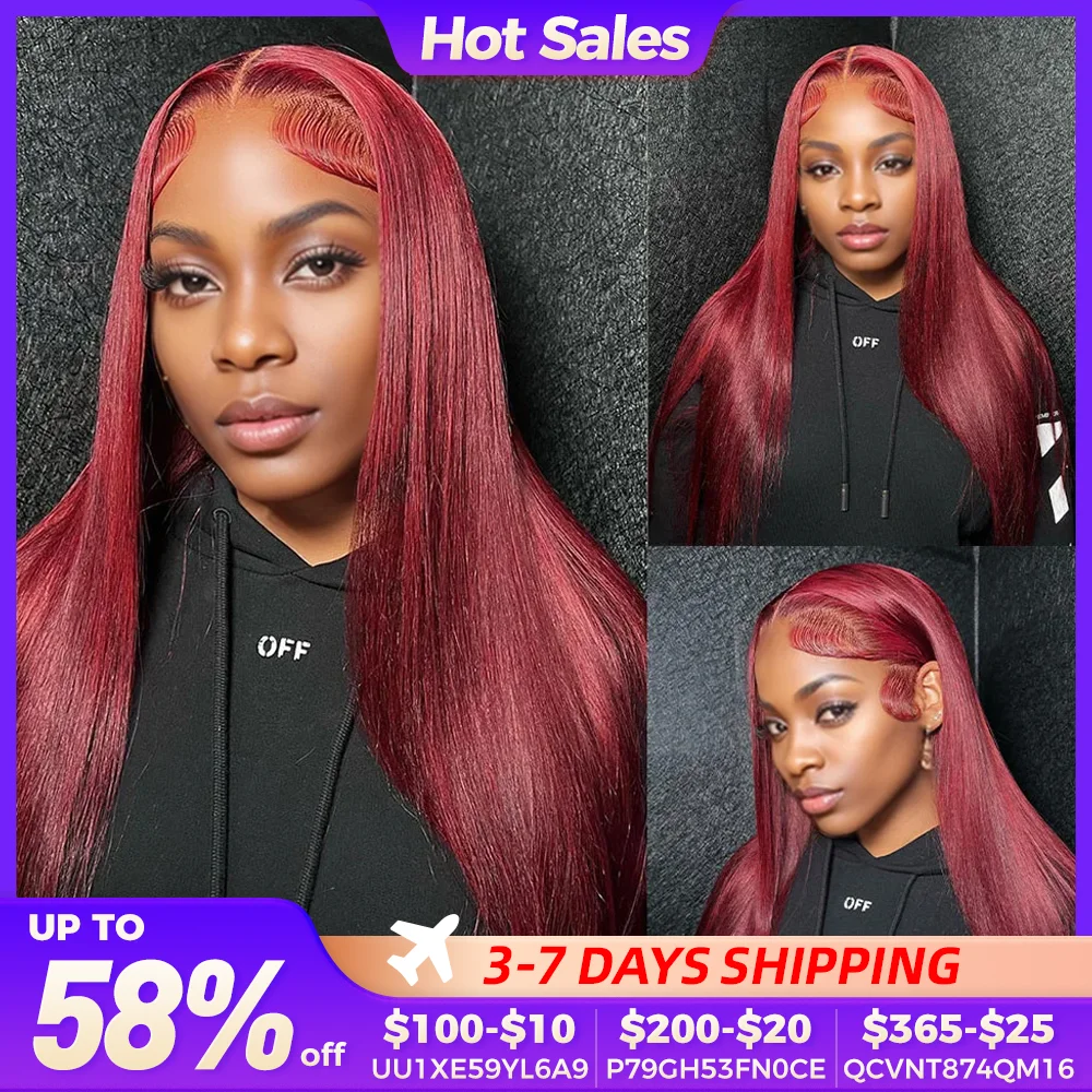 13x6 Burgundy HD Transparent Lace Frontal Wig Bone Straight Lace Front Wig For Women 13x4 99J Red Lace Front Human Hair Wigs