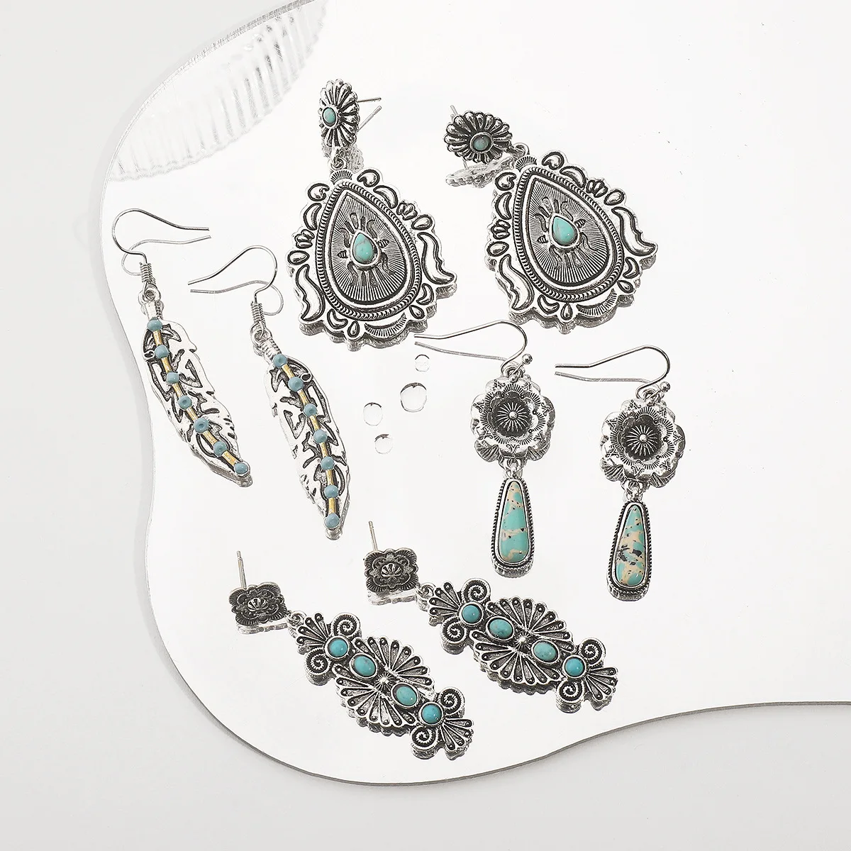 E12733vintage literary engraved ancient silver earrings, bohemian ethnic style turquoise earrings