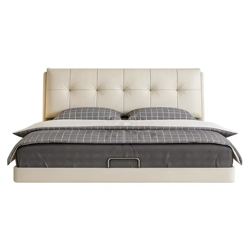 Factory Direct Cream Floating Bed with Sensor Light and Storage 1.8m Double Bed Top Grain Napa Leather Modern Platform Bed