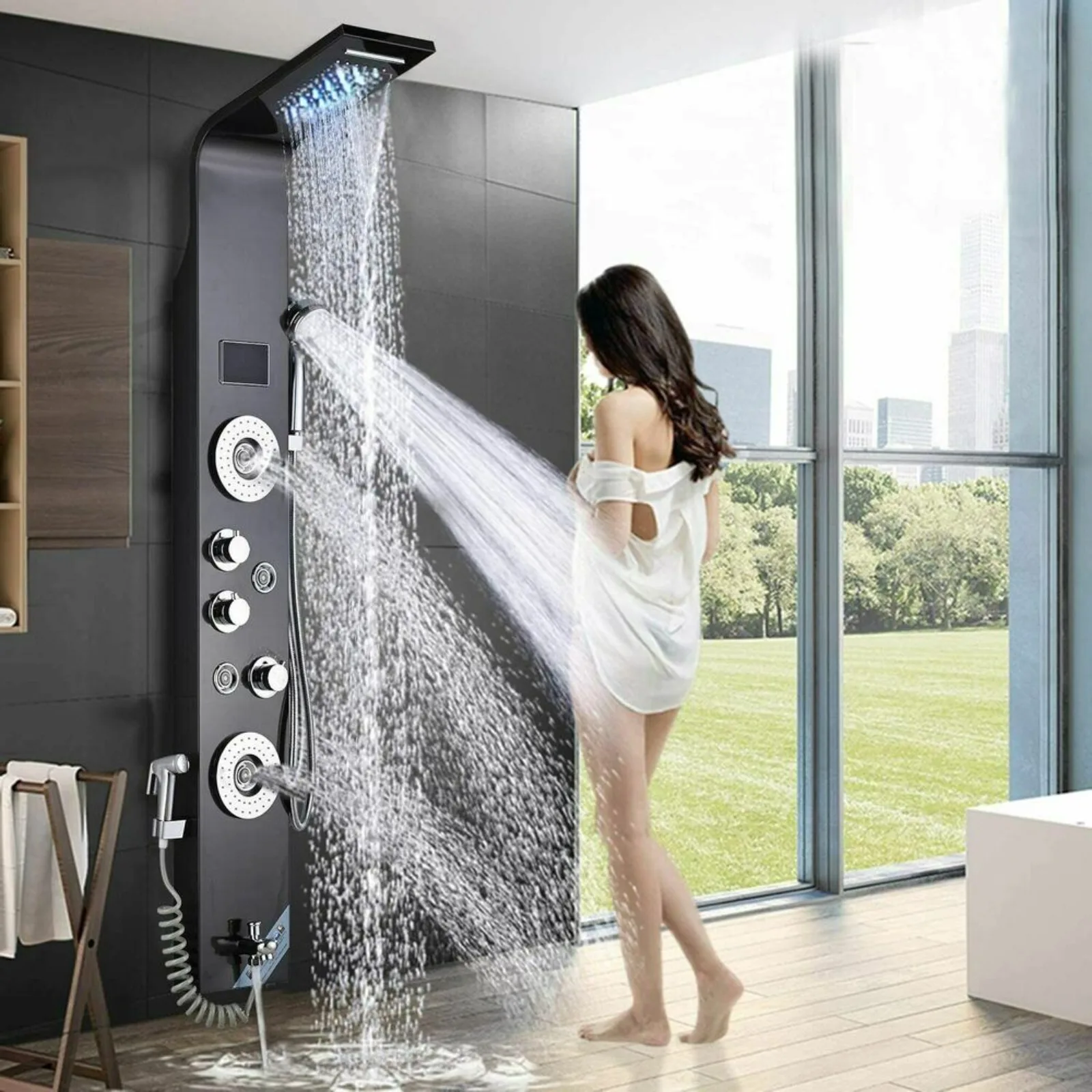 US Black shower panel system LED rainwater and waterfall tower massage body jet bathtub faucet-